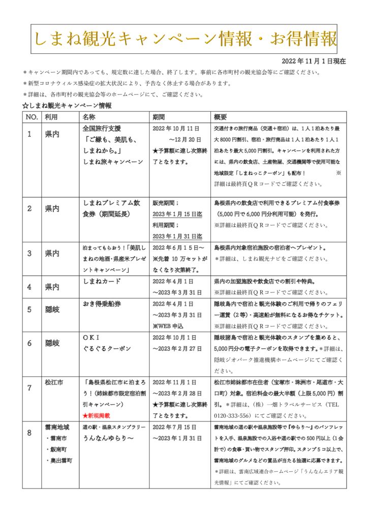 ★しまね観光キャンペーン情報・お得情報（2022.11.1現在）のサムネイル